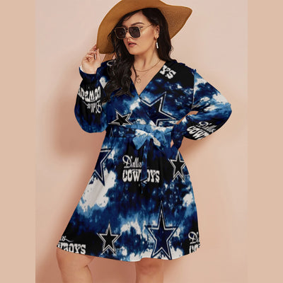 Nfl Football Dallas Cowboys tie dye  Women's V-neck Dress With Waistband(Plus Size)