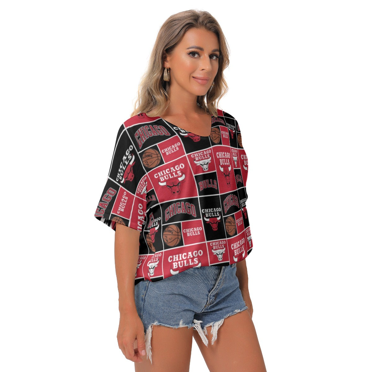 Chicago Bulls Women's Bat Sleeves V-Neck Blouse