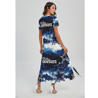 Nfl Football Dallas Cowboys tie dye Women's V-neck Dress With Side Slit