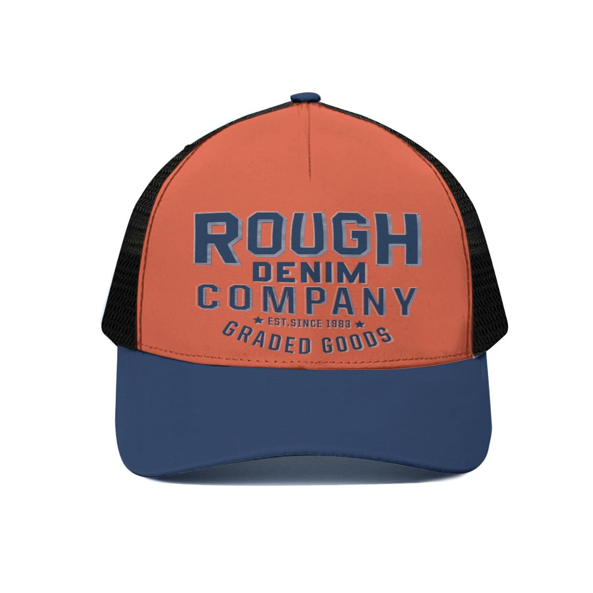 Gorra de camionero unisex de mezclilla rugosa naranja azul marino con media malla negra