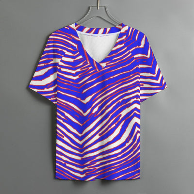 Camiseta de fútbol americano de la NFL Buffalo Bills con estampado de cebra Zubaz para mujer, cuello en V y manga corta