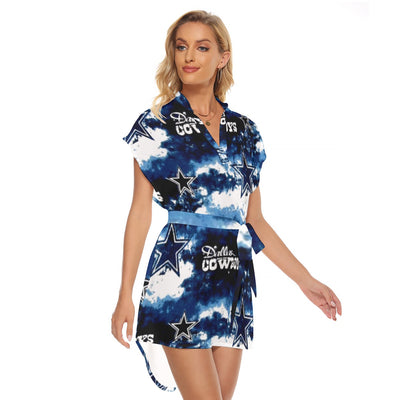 Nfl Football Dallas Cowboys tie dye Women's Stand-up Collar Casual Dress With Belt