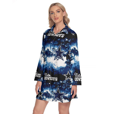 Nfl Football Dallas Cowboys tie dye  Women's Lapel Shirt Dress With Long Sleeve