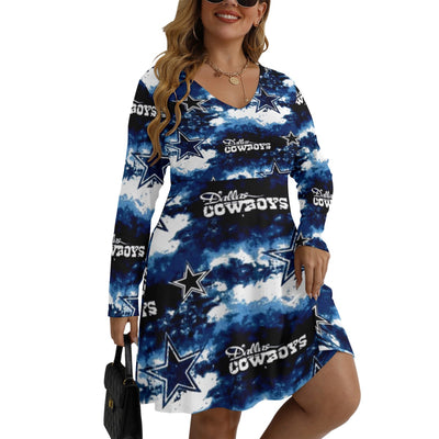 Nfl Football Dallas Cowboys tie dye  Women's V-neck Long Sleeve Dress(Plus Size)