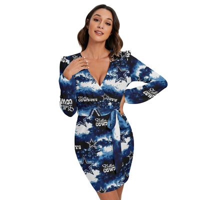 Nfl Football Dallas Cowboys tie dye  Women's Long Sleeve Dress With Waist Belt