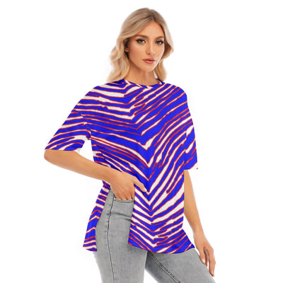 Camiseta de manga corta con estampado de cebra de los Buffalo Bills de la NFL para mujer con dobladillo dividido