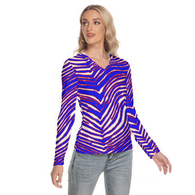 Camiseta de manga larga con cuello en V para mujer con estampado de cebra de los Buffalo Bills de la NFL