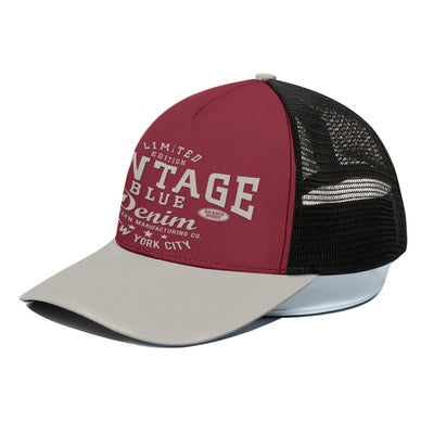 Burgundy VINTAGE denim Unisex Trucker Hat With Black Half-mesh - Jacketon