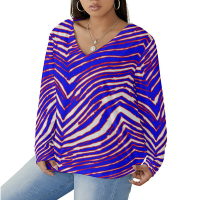 Camiseta de fútbol americano de la NFL Buffalo Bills con estampado de cebra Zubaz para mujer, cuello en V y dobladillo curvo (talla grande)