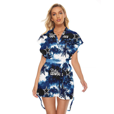 Nfl Football Dallas Cowboys tie dye Women's Stand-up Collar Casual Dress With Belt