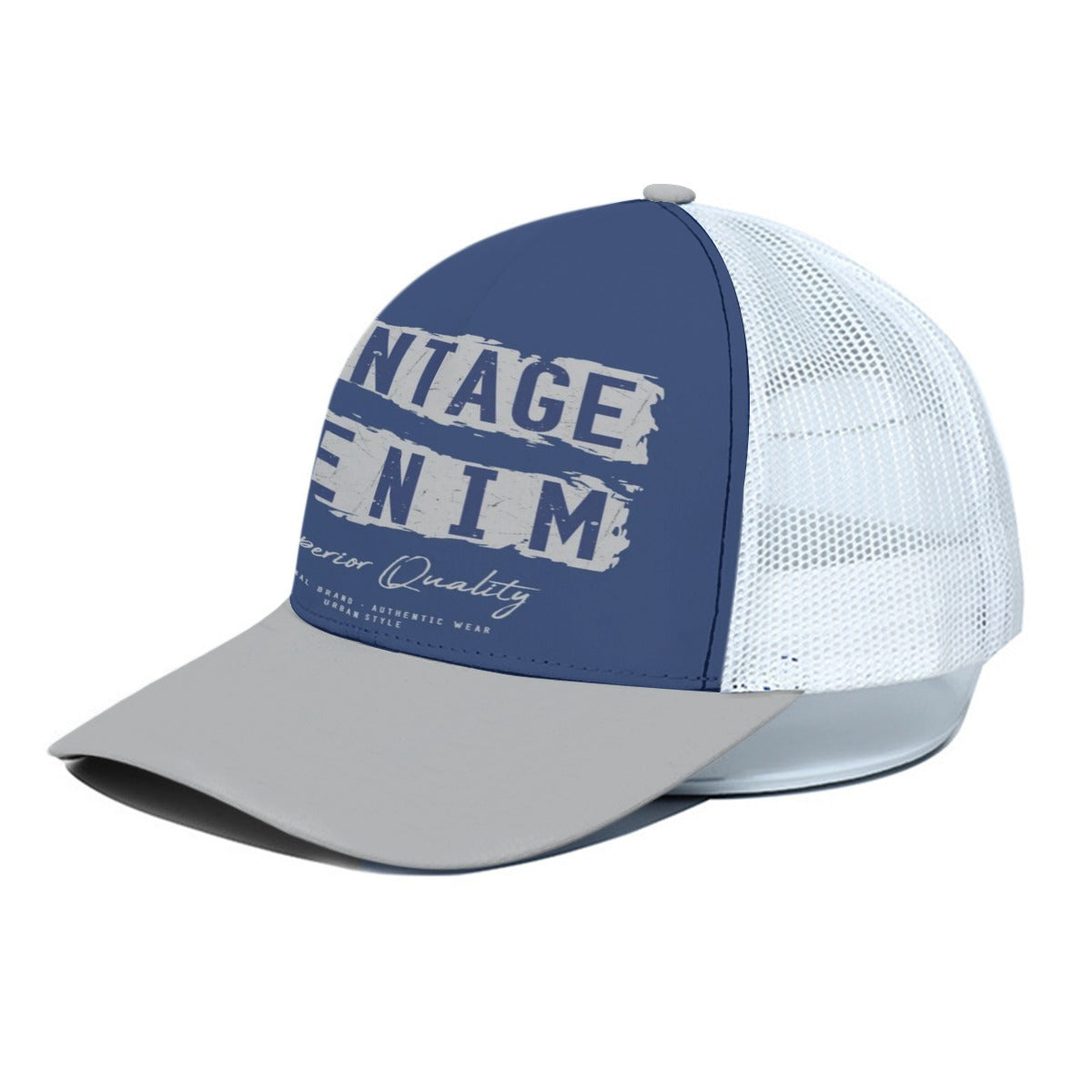 Vintage denim navy blue Unisex Trucker Hat With White Half-mesh - Jacketon