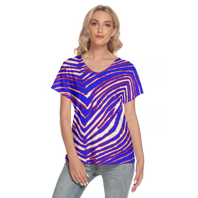 Camiseta holgada de manga corta con cuello en V para mujer con estampado de cebra de los Buffalo Bills de la NFL