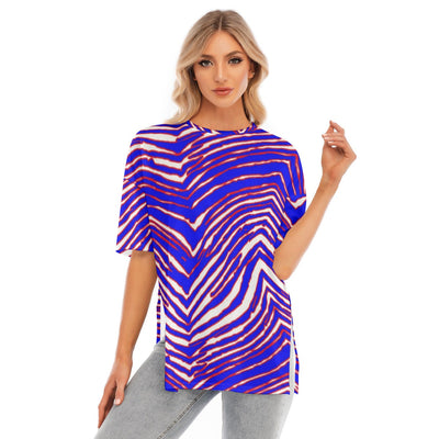 Camiseta de manga corta con estampado de cebra de los Buffalo Bills de la NFL para mujer con dobladillo dividido