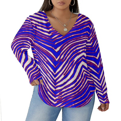 Camiseta de fútbol americano de la NFL Buffalo Bills con estampado de cebra Zubaz para mujer, cuello en V y dobladillo curvo (talla grande)