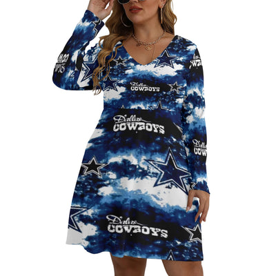 Nfl Football Dallas Cowboys tie dye  Women's V-neck Long Sleeve Dress(Plus Size)