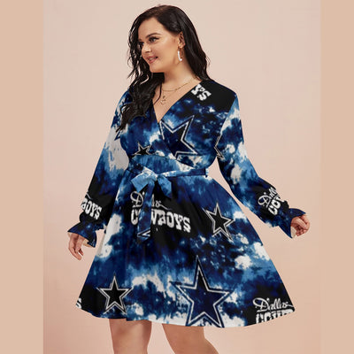 Nfl Football Dallas Cowboys tie dye  Women's V-neck Dress With Waistband(Plus Size)