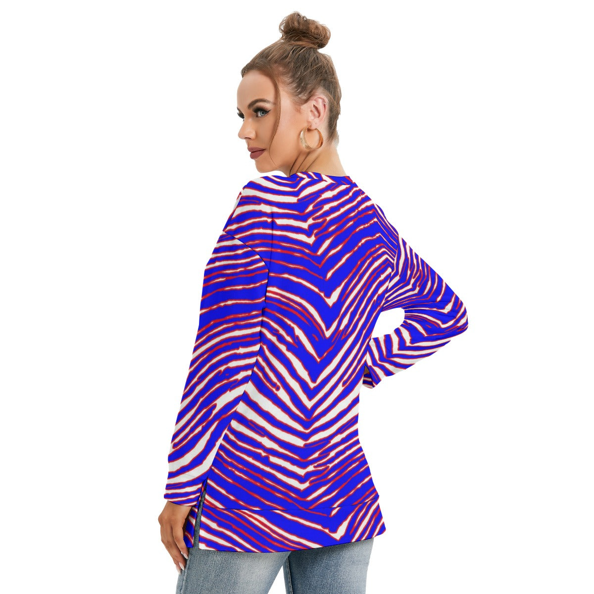 Sudadera con cuello redondo y abertura lateral para mujer con estampado de cebra de los Buffalo Bills de la NFL