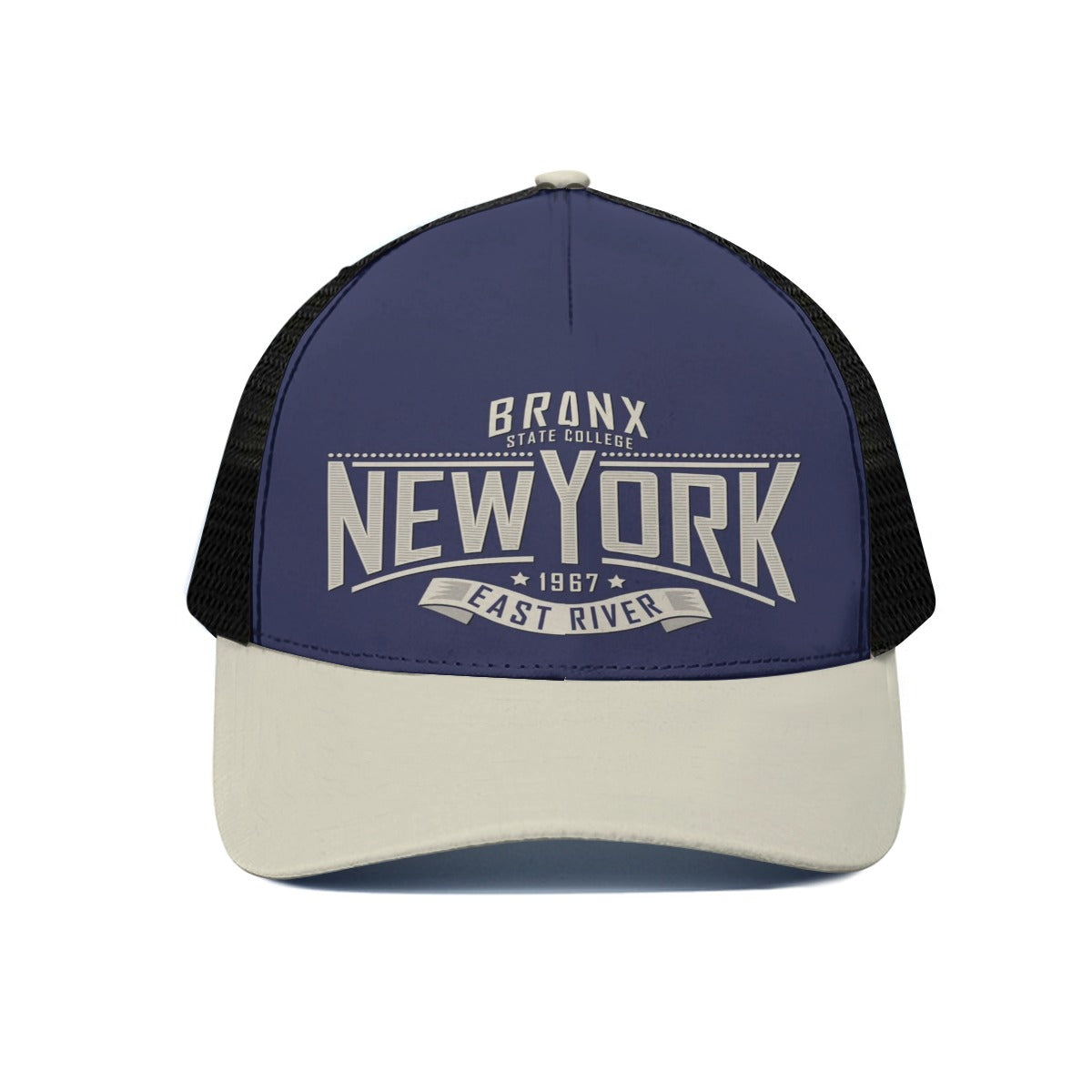 Gorra de camionero unisex color crema azul marino Bronx New York con media malla negra