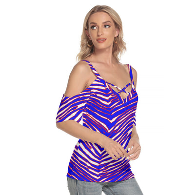 Camiseta de fútbol americano de la NFL Buffalo Bills con estampado de cebra Zubaz para mujer, hombros descubiertos y tiras cruzadas