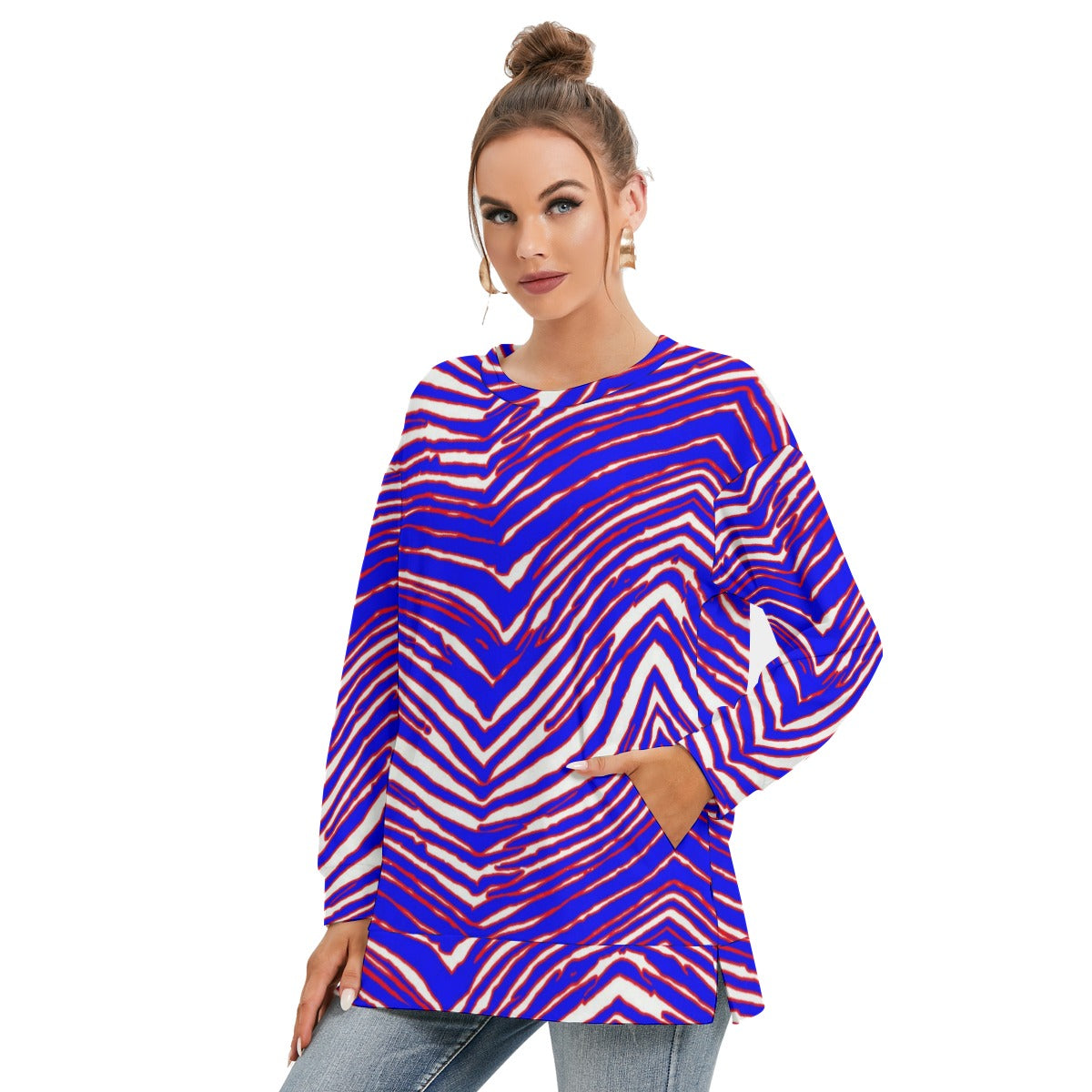 Sudadera con cuello redondo y abertura lateral para mujer con estampado de cebra de los Buffalo Bills de la NFL