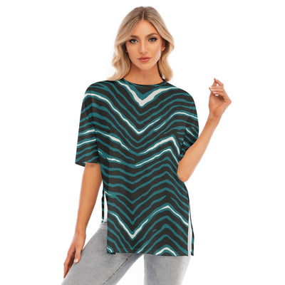 Nfl Football Philadelphia Eagles zubaz zebra stripe Women's Short Sleeves T-shirt With Hem Split