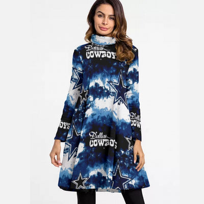 Nfl Football Dallas Cowboys tie dye  Women's High Neck Dress With Long Sleeve