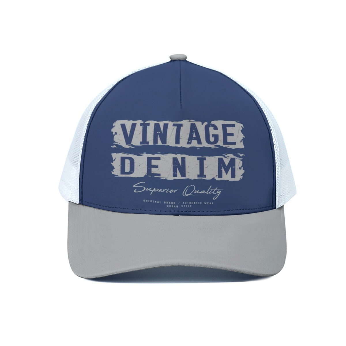 Vintage denim navy blue Unisex Trucker Hat With White Half-mesh - Jacketon