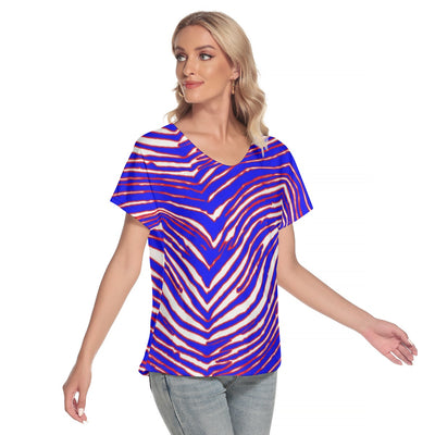 Camiseta holgada de manga corta con cuello en V para mujer con estampado de cebra de los Buffalo Bills de la NFL