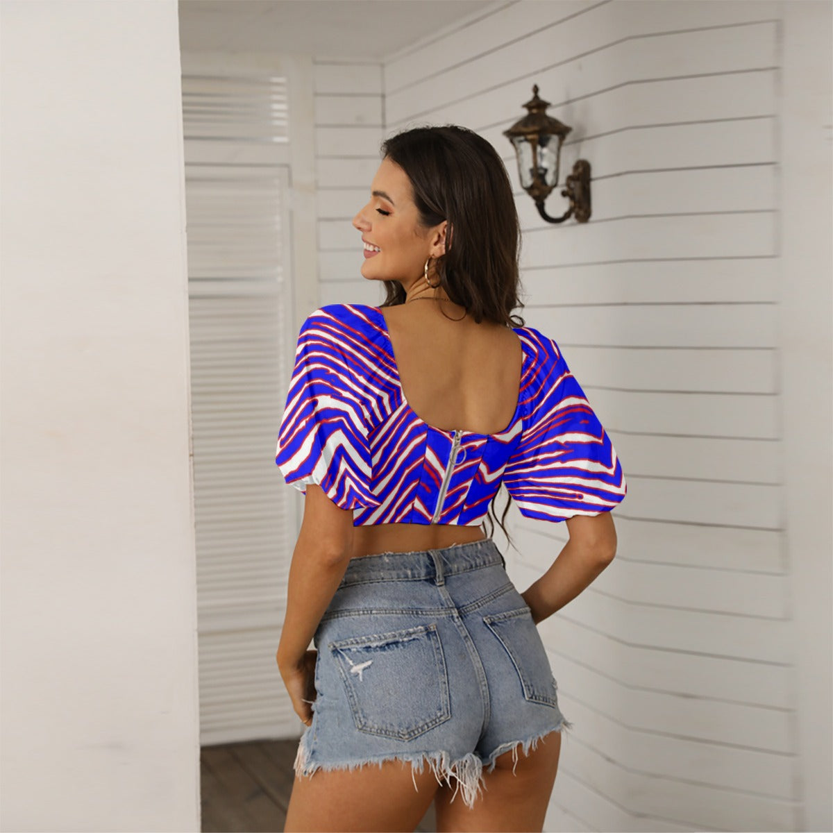 Top corto con cuello cuadrado y mangas abullonadas para mujer, estampado de cebra de los Buffalo Bills de la NFL