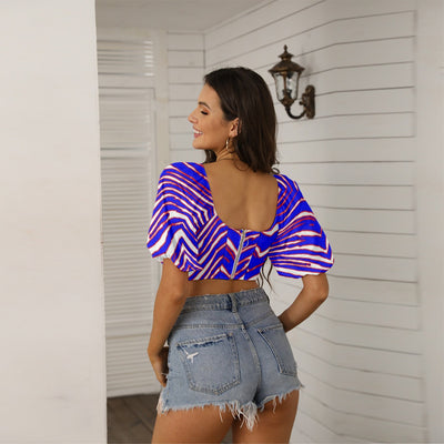 Top corto con cuello cuadrado y mangas abullonadas para mujer, estampado de cebra de los Buffalo Bills de la NFL
