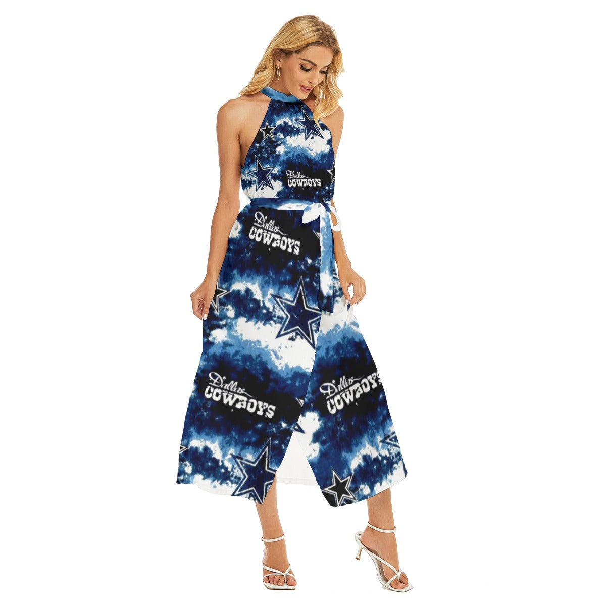Nfl Football Dallas Cowboys tie dye  Women's Wrap Hem Belted Halter Dress