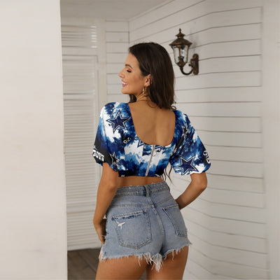 Nfl Football Dallas Cowboys tie dye  Women's Square Collar Cropped Top With Puff Sleeve