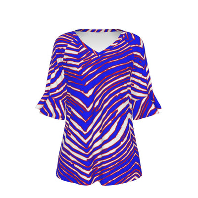 Camiseta de mujer con cuello en V y mangas acampanadas con estampado de cebra de los Buffalo Bills de la NFL