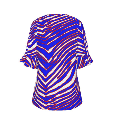 Camiseta de mujer con cuello en V y mangas acampanadas con estampado de cebra de los Buffalo Bills de la NFL