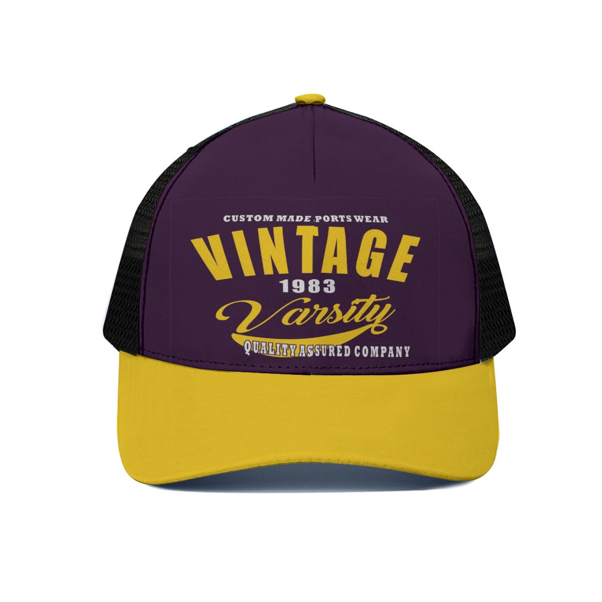 Gorra de camionero vintage amarilla universitaria con media malla negra