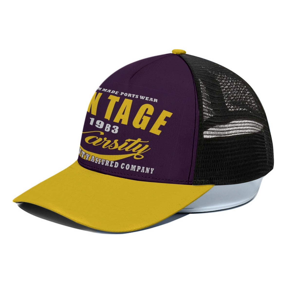 Gorra de camionero vintage amarilla universitaria con media malla negra