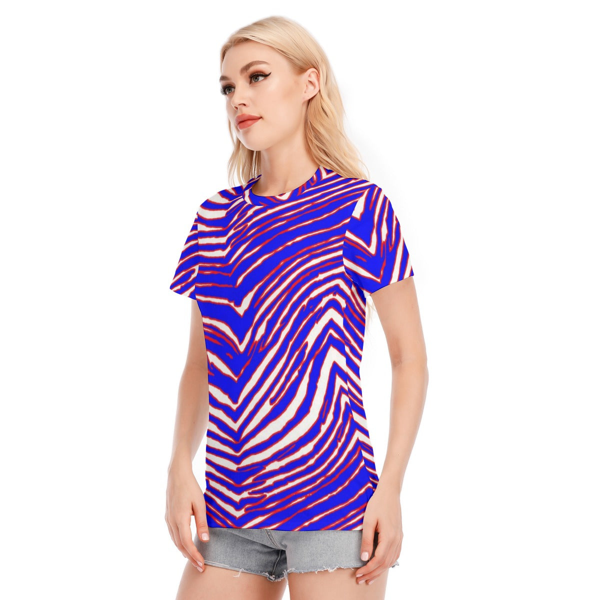 Camiseta de cuello redondo para mujer con estampado de cebra de los Buffalo Bills de la NFL | Algodón de 190 g/m²