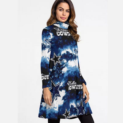 Nfl Football Dallas Cowboys tie dye  Women's High Neck Dress With Long Sleeve