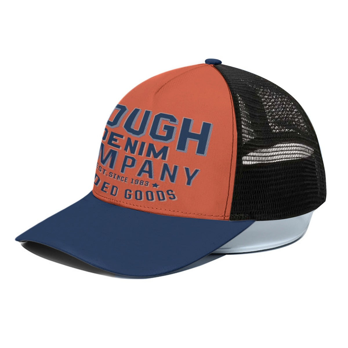Gorra de camionero unisex de mezclilla rugosa naranja azul marino con media malla negra