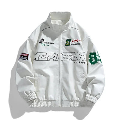 Chaqueta universitaria de cuero con bordado
