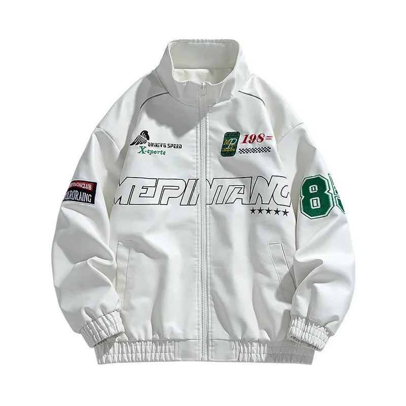Chaqueta universitaria de cuero con bordado