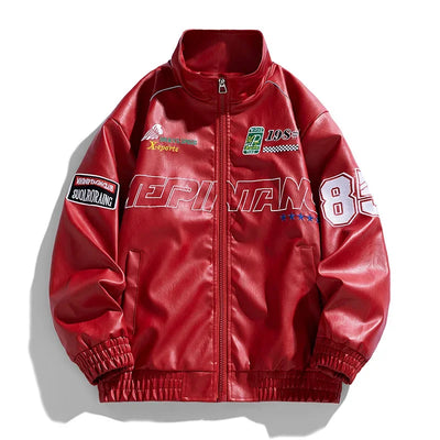 Chaqueta universitaria de cuero con bordado