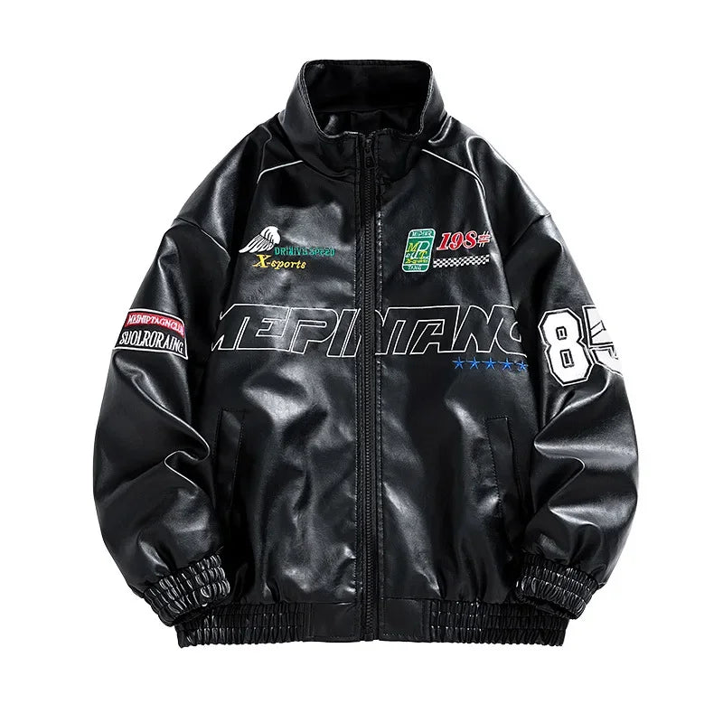 Chaqueta universitaria de cuero con bordado