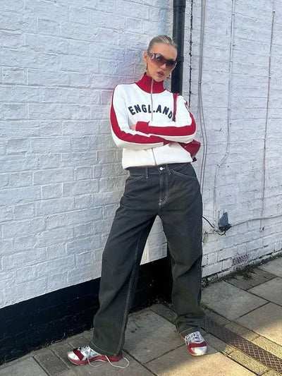 Chaqueta estilo gótico grunge retro con cremallera y bordado de letras vintage con estética Y2K de Inglaterra de los años 2000