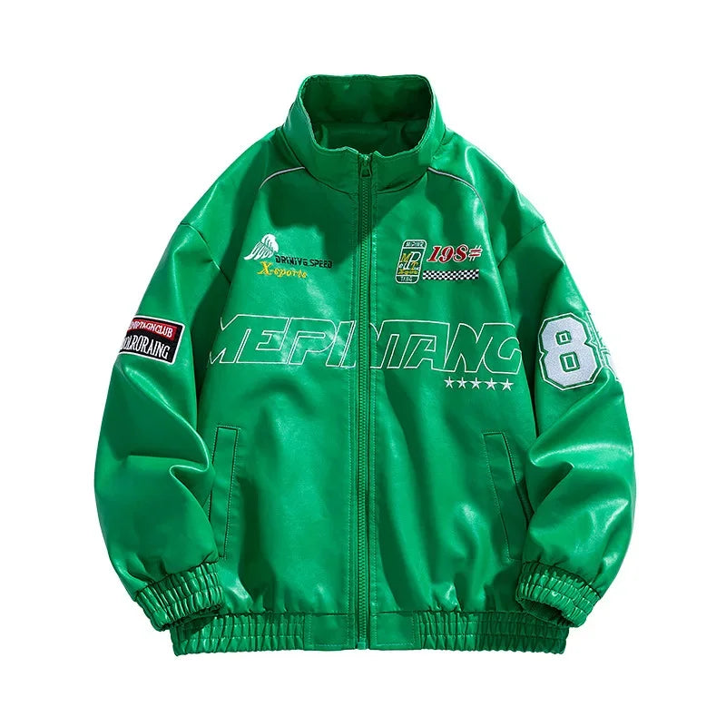 Chaqueta universitaria de cuero con bordado